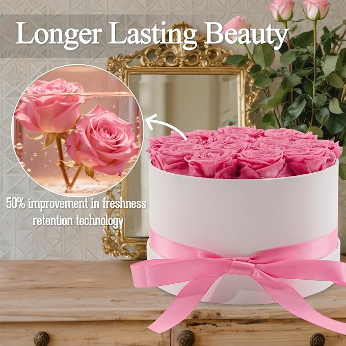 Preserved Roses in a Box, Blooming Real Roses Decor, Eternal Flowers for Delivery Prime, Best Gifts Birthday, Wedding, Anniversary, Mother's Day for Her, 12-Pieces (Pink)