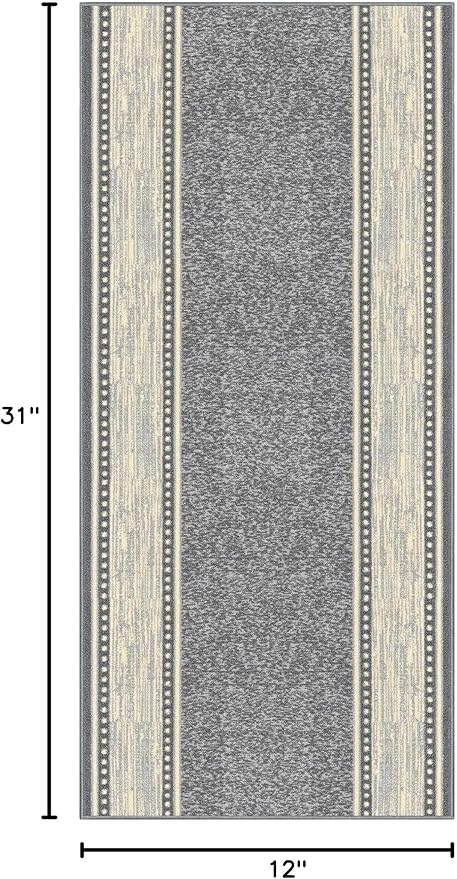 Kapaqua Custom Size Grey Ivory Bordered Rubber Backed Non-Slip Hallway Stair Runner Rug Carpet 31 inch Wide Choose Your Length 31in X 1ft
