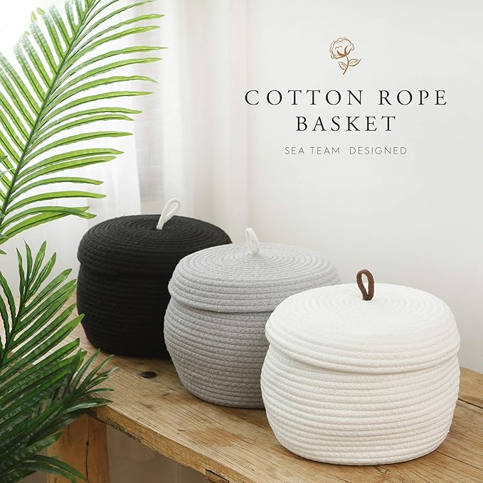 Sea Team Round Cotton Rope Storage Basket with Lid, Decorative Woven Storage Bin, Pot, Caddy, Organizer, Container for Snacks, Towels, Plants (Black, Small/2-Pack)
