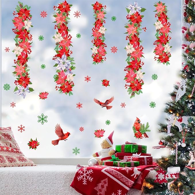 Christmas Wall Sticker Christmas Wall Decals Peel and Stick Double Sided Xmas Window Decal Indoor Art Murals Hanging Floral Cardinal Snowflakes Sticker for Door Holiday Home New Year Party Supplies