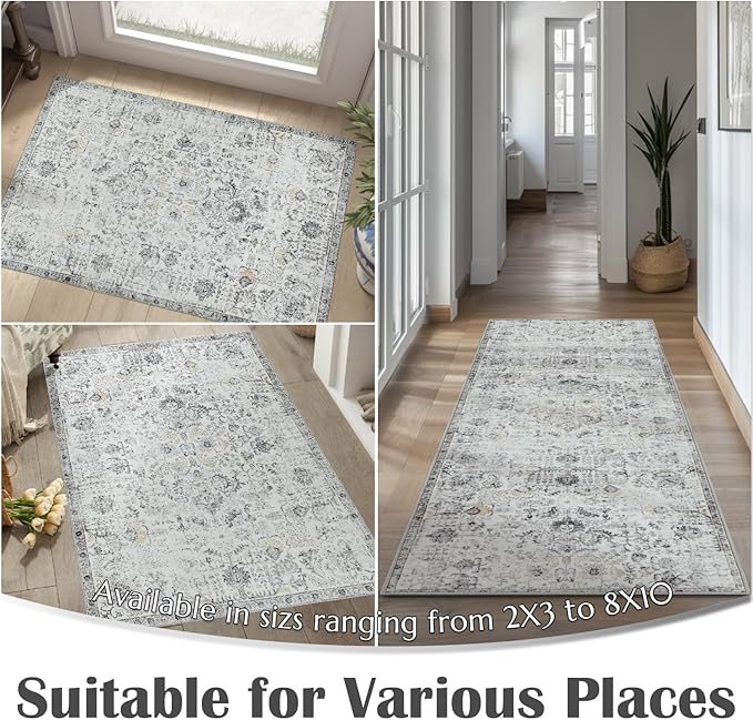 jinchan Kalen Area Rug 2x3 Washable Entryway Rug Soft Door Mat Vintage Indoor Entrance Thin Retro Distressed Carpet Grey Floral Country Boho Non Slip Doormat Bathroom Kitchen Bedroom