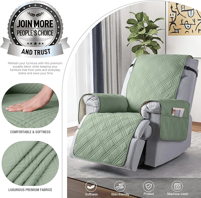 TAOCOCO 100% Waterproof Recliner Chair Covers, Non Slip Recliner Covers for Recliner Chair with Pocket, Washable Reclining Chair Cover Furniture Protector for Kids,Dogs(25'', Sage Green)