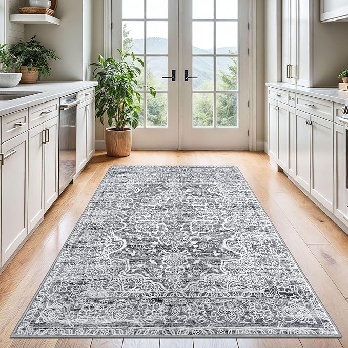 KUTA Area Rug 4x6 Living Room, Washable Rugs Vintage Distressed Tribal Grey Blue White, Non-Slip Dining Room Carpet, Extra Soft Low Pile Printed Traditional Medallion Cozy Throw for Bedroom