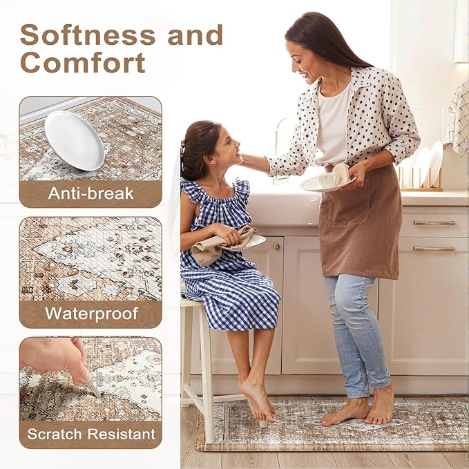 Collive Farmhouse Kitchen Mats, Cushioned Anti Fatigue Mats for Floor, Non Skid Waterproof Kitchen Rugs Cream/Brown Farmhouse Standing Desk Mat for Kitchen Sink, Laundry, Office-17.3" x 59"