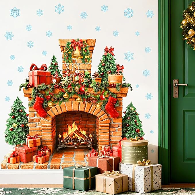Large Fireplace Wall Stickers Removable Christmas Wall Decals Peel and Stick Fireplace Mural Sticker Winter Tree Snowflake Holiday Decorations for Walls Xmas Fire Flame Decal Party Decor