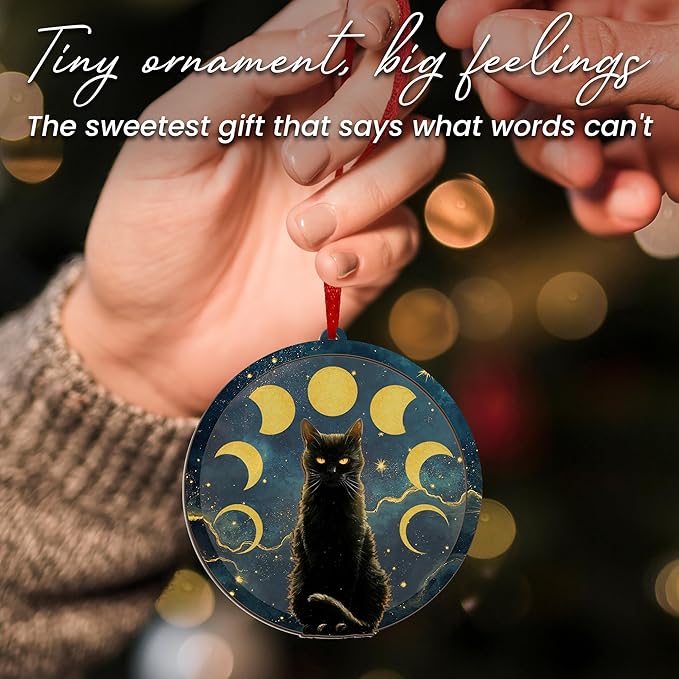 GEEMBI Christmas Black Cat Gifts for Women Men - Suncatcher Christmas Ornaments 2025 for Tree Decorations - Black Cat Ornament for Halloween, Witchy Mystical Gifts for Women, Moon Phase Gothic Decor