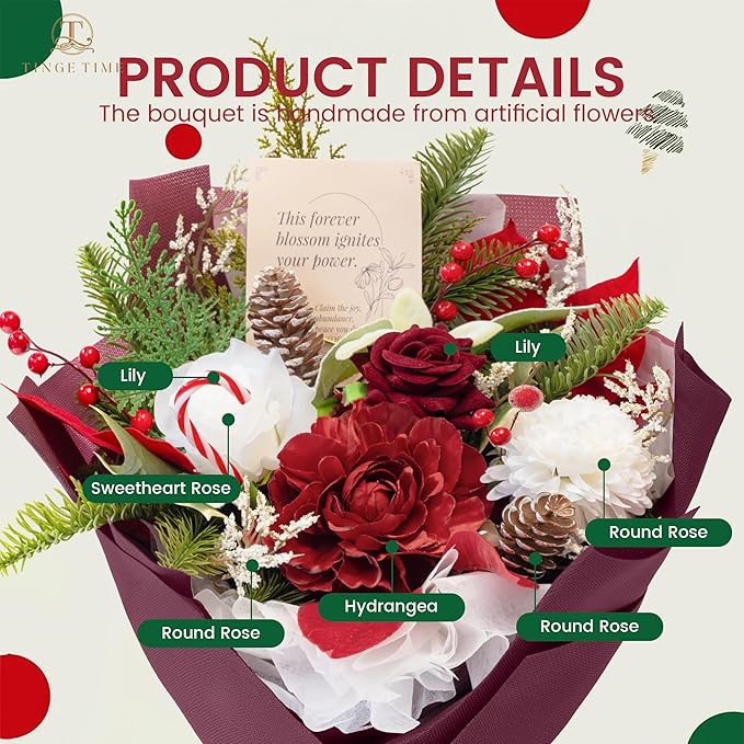 TINGE TIME Preserved Flowers Bouquet, Christmas Faux Rose Bouquets, Artificial Flowers Poinsettia Faux Flowers, for Christmas Centerpiece Table Home Holiday Party