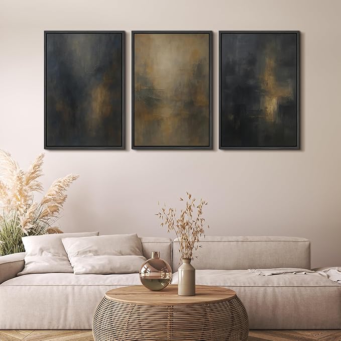 MUDECOR Framed Wall Art Print Set Dark Abstract Modern Contemporary in Navy Blue and Gold Brushstrokes Illustrations Modern Art Decorative Colorful for Living Room, Bedroom, Office - 16"x24"x3 Black