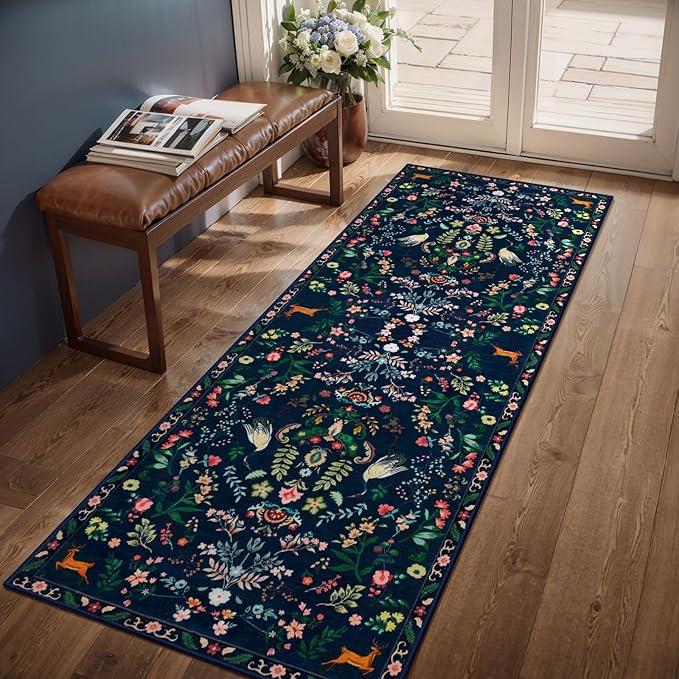 Tangsoo Runner Rug for Hallways Kitchen Rug, Non Slip 2x6 Washable Boho Nature Floral Animal Rug Runner for Entryway, Low Pile Carpet Door Mat Indoor Entrance for Kids Room Bedroom Laundry Office