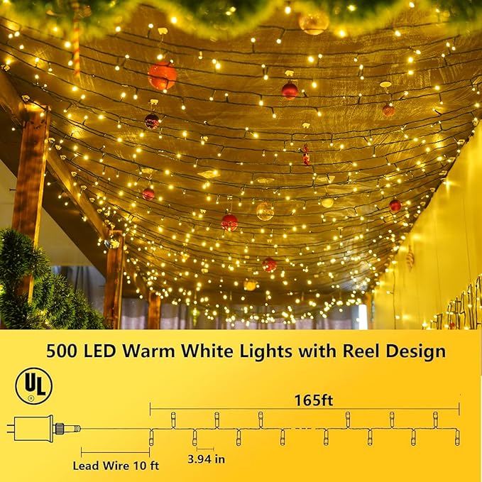 YEGUO 165ft 500 LED Christmas Lights Outdoor Waterproof, Warm White String Lights Indoor, 8 Modes Green Wire Twinkle Xmas Tree Lights Plug in with Memory Timer