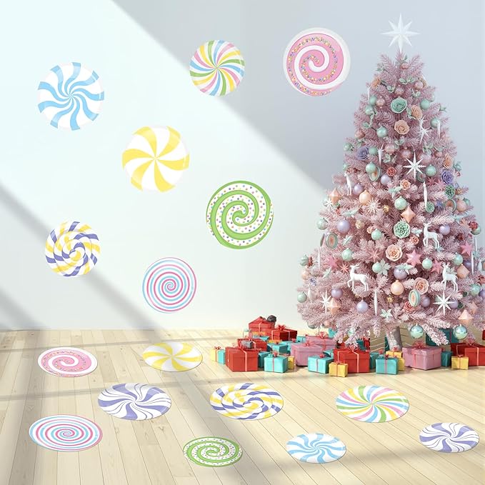 16 Pcs Large Peppermint Christmas Floor Decals Removable Pastel Candy Christmas Floor Stickers Xmas Wall Decals for Home Counters Party Decorations(Pastel,Cute)