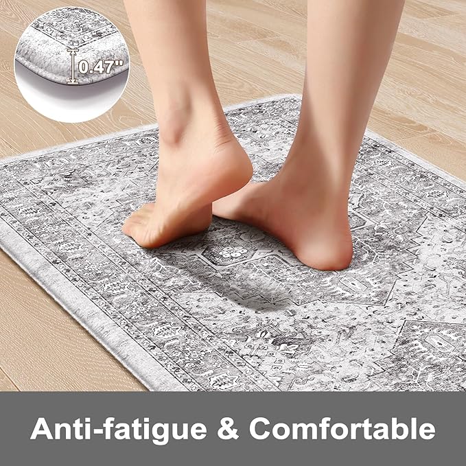 KIMODE Anti Fatigue Cushioned Kitchen Mats for Floor 2 Piece, Boho Vintage Kitchen Rugs Non Skid, Comfort Memory Foam Standing Desk Mats for Laundry Office Sink 20"x59"+20"x32" Grey