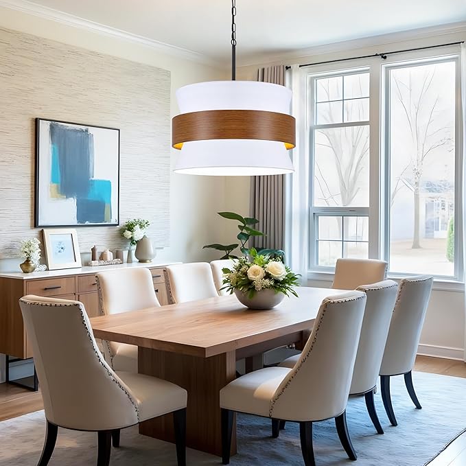 5 Lights White Drum Farmhouse Chandelier for Dining Room,19.68" Modern Large Drum Fabric Light fixture,Adjustable Rustic Metal Imitation Wood Round Pendant Light for Living Room Kitchen Island Bedroom