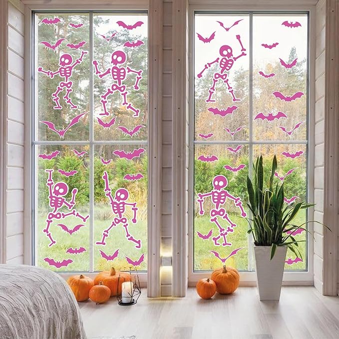 Halloween Wall Decals and Skeleton Window Clings - 6 Sheets 43 Pcs Removable Pink Ghost Bat Wall Stickers for Mirrors, Windows, Home Bedroom Party Decor