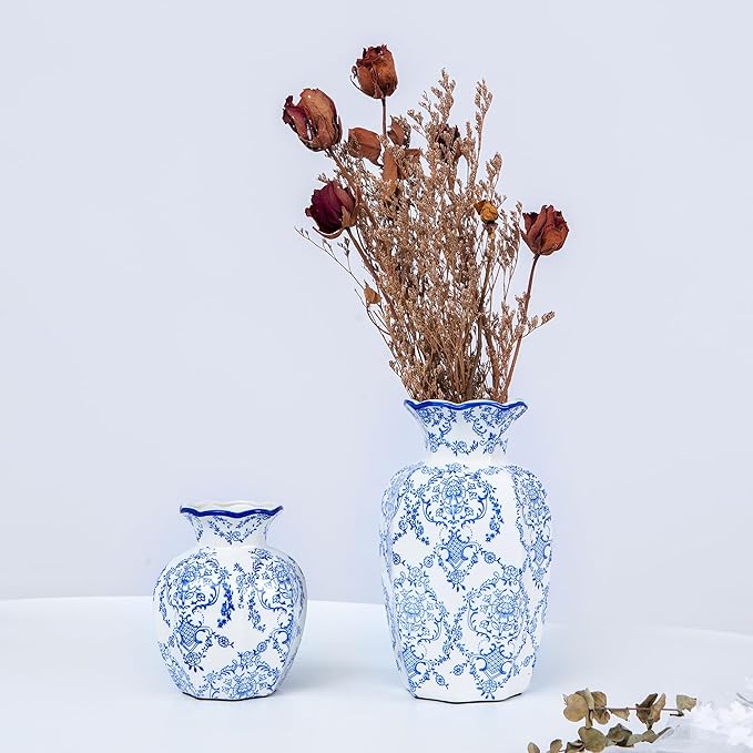 Blue and White Ceramic vase, Chinoiserie Floral Scroll Design with Wavy Blue Rim, Hand Painted Mantel Decor, Porcelain, Home Decor (Small, Mantangchun)