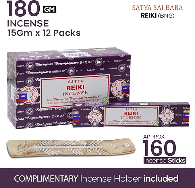 Satya Reiki Incense Sticks, Satya Bng (Bangalore) Insenses 15gmx12 Pack with Raajsee Incense Holder Bundle, Satya Nagchampa Natural Incense