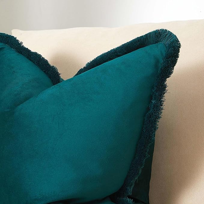 JUSPURBET Pack of 2 Peacock Blue Decorative Fringe Velvet Lumbar Throw Pillow Covers 12x20 for Home Decor Living Room Bedroom Car Boho Soft Cushion Cover with Hidden Zipper Machine Washable