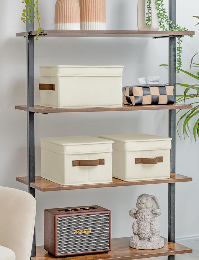 StorageWorks Storage Bins with Lids, Decorative Storage Boxes with Lid and PU Handles, Foldable Storage Baskets for Closet, Shelves, Stackable, Ivory, Medium, 3-Pack