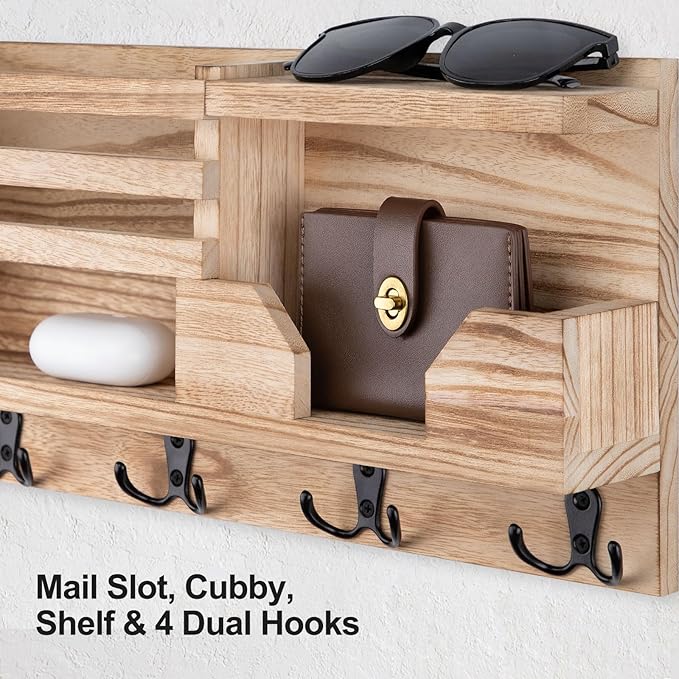 Mail and Key Holder for Wall – Decorative 15.9” x 8.7” x 3.2” Entryway Organizer with Shelf – Paulownia Wood with 4 Dual Hooks Includes Mounting Hardware and Installation Guide (Wood)