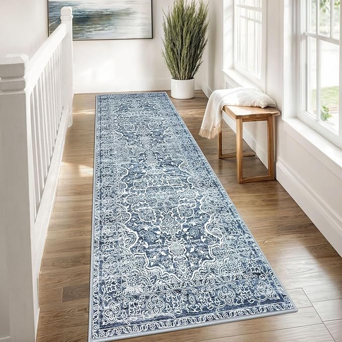 KUTA Vintage Washable Runner Rug, 2.6x8 Runners for Hallways Non-Slip Blue White Kitchen Rugs Ultra Soft Printed Tribal Floor Carpet for Bedroom Living Room Nursery Playroom