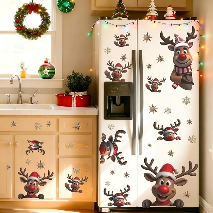 Christmas Window Clings Reindeer, Xmas Elk Wall Decals, Christmas Reindeer Wall Stickers, Xmas Snowflake Window Stickers, Xmas Elk Wallpaper for Party Class Home Living Room Bedroom
