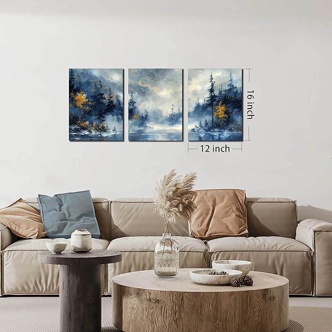 SIXTTART Forest Pictures Wall Art for Office - Modern Blue Canvas Art Wall Decor for Living Room - 3 Piece Wall Art for Bedroom Size 12" x 16"