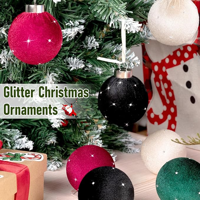 TonJin Christmas Tree Ornaments Velvet Balls 12 Pack, 2.36"/60mm Glitter Shatterproof Hanging Flocked Xmas Bulbs Decorations, Lightweight, 4 Colors Red Black Sage Green Beige,Holiday Party Home Decor