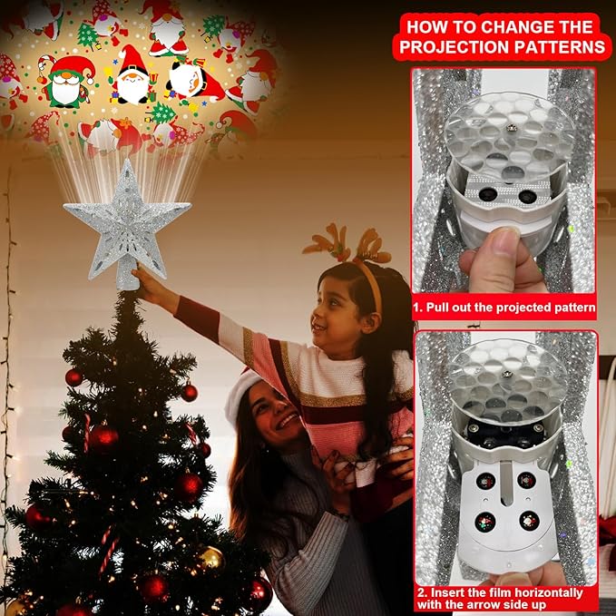 10" Christmas Tree Topper Projector with 6 Projection Modes, Built-in LED Rotating Light, 3D Glitter Dynamic Projector Light Up Xmas Tree Topper Star for Christmas Holiday Party Decorations Gifts