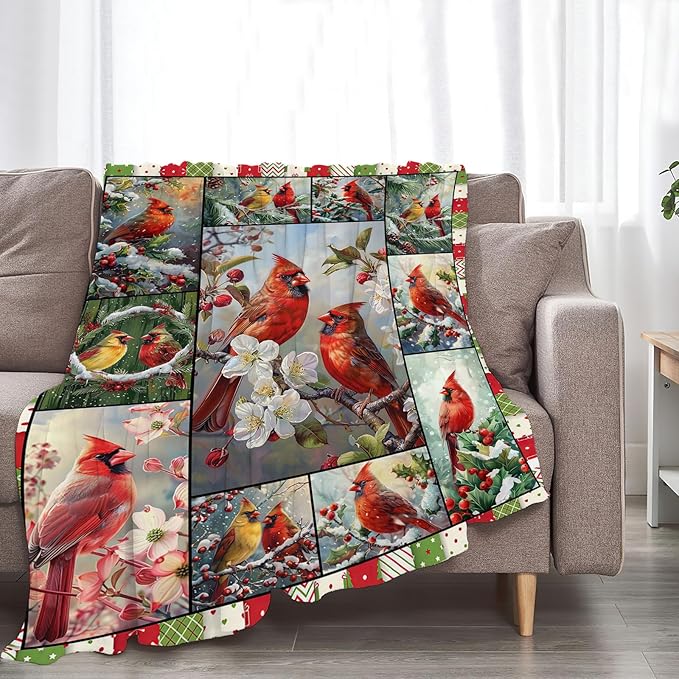 Red Birds Blanket Christmas Bird Throw Blankets Plush Cozy Flannel Fleece Ultra Soft Fuzzy Flower Party Blanket Gifts for Girls Women Men Boys Kids Bed 50"X40"