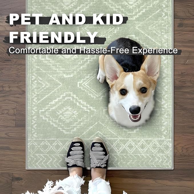 KILOCOCO Boho Entryway Rug 2x3 Printed Small Area Rug Indoor Door Mat Machine Washable Kitchen Rugs Super Soft Non Slip Throw Rugs for Bedroom Entrance Geometric Laundry Room, Grey Green