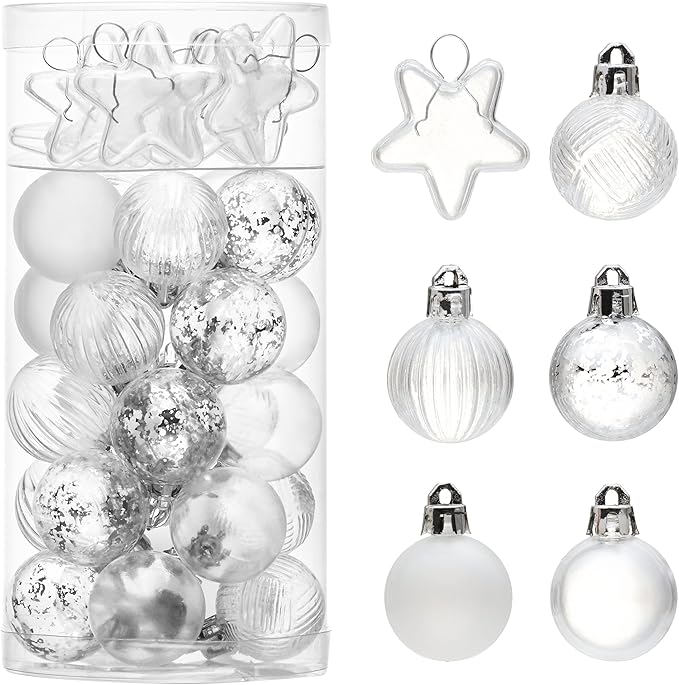 DecorbyHannah Mini Christmas Tree Ornaments, 35ct 1.18inches White Christmas Ball Ornaments for Tree Decorations, Small Clear Shatterproof Plastic Hanging Balls Bulk for Xmas, Party, Wedding