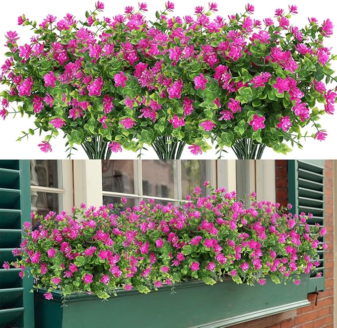 8 Bundles Artificial Flowers, Fake Artificial Greenery UV Resistant No Fade Faux Plastic Plants for Wedding Bridle Bouquet Indoor Outdoor Home Garden Kitchen Office Table Vase (Fuchsia)