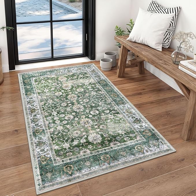 KUTA 3x5 Rugs for Entryway, Vintage Floral Area Rug Washable Non-Slip Green Ultra Thin Soft Printed Distressed Entry Low-Pile Throw Carpet for Bedroom Nursery Living Room