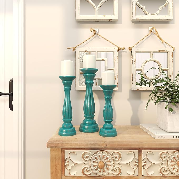 Deco 79 Wooden Decorative Candle Holder Distressed Candle Stand, Set of 3 Candlestick Holder 15", 13", 11"H, Blue