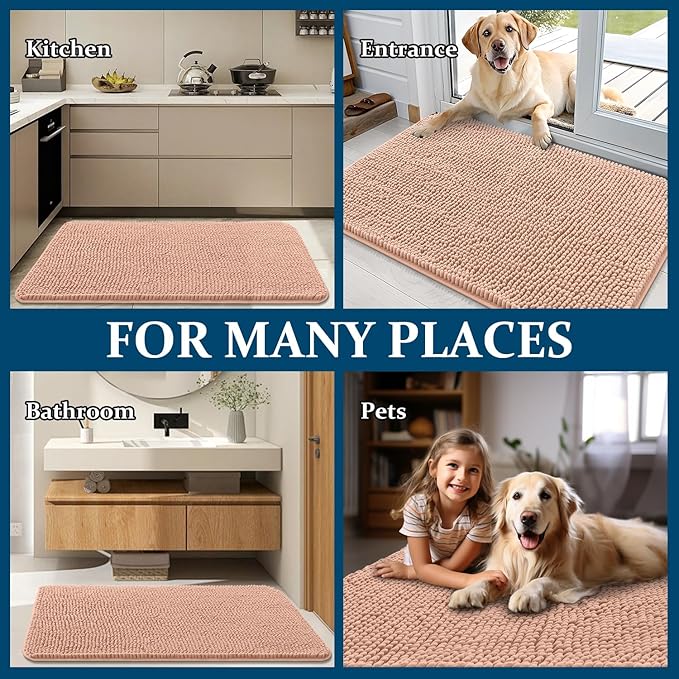 OLANLY Dog Door Mat for Muddy Paws 70x24, Absorbs Moisture and Dirt, Absorbent Non-Slip Washable Doormat, Quick Dry Chenille Mud Mat for Dogs, Entry Indoor Entryway Carpet for Inside Floor, Peach