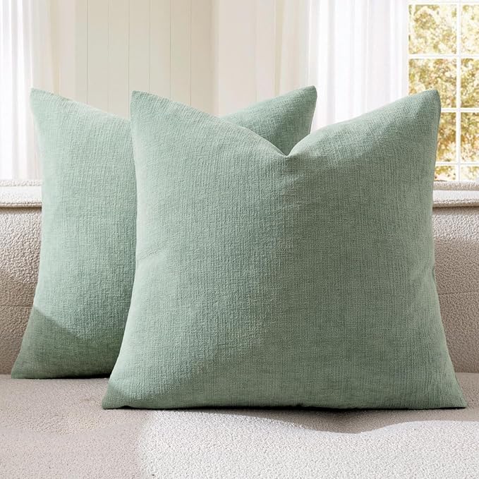MIULEE Greyish Green Couch Pillow Covers 18x18 Inch, Set of 2 Soft Chenille Decorative Square Throw Pillow Covers Summer Farmhouse for Sofa Living Room Bed