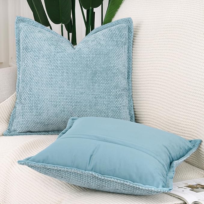 MADIZZ Chenille Velvet Throw Pillow Covers with Flange Set of 2 Super Soft Boho Textured Pillow Covers Decorative Throw Pillowcases Modern Farmhouse Home Decor for Sofa Bedroom Light Blue 20x20 Inch