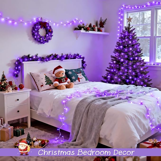 JMEXSUSS 2 Pack 100 LED Purple Christmas Lights Indoor, 33ft Clear Wire Purple String Lights Outdoor Waterproof, 8 Modes Connectable Christmas Tree Lights for Xmas Tree Yard Bedroom Porch Decorations