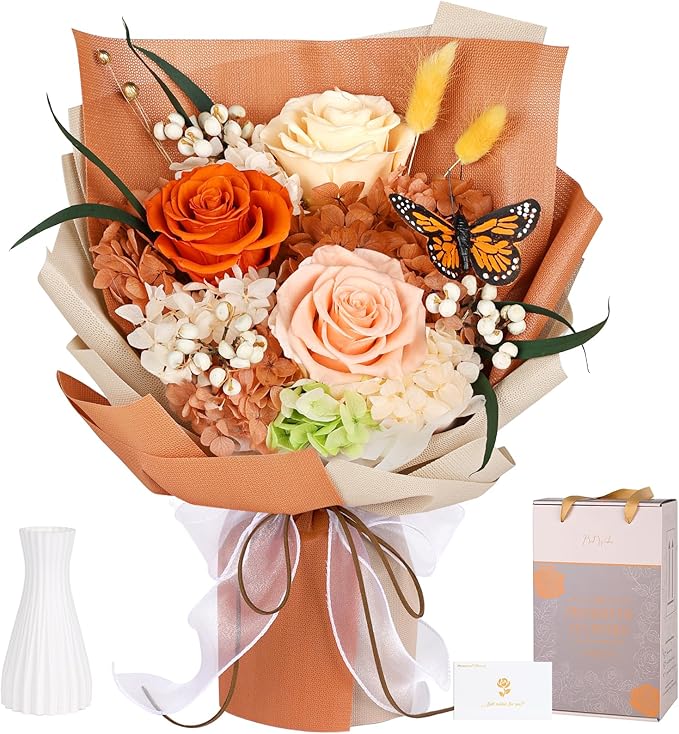 Preserved Flowers Bouquet with Butterfly - 3 Roses & Flowers for Delivery, Long-Lasting Real Roses Forever, Eternal Roses Bouquet for Mothers, Mom, Wife Anniversary Birthday Gifts for Women