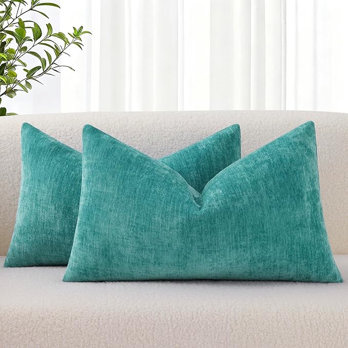 decorUhome Chenille Turquoise Throw Pillow Covers 12x20 Inch Set of 2, Decorative Soft Couch Pillow Covers Solid Dyed Accent Farmhouse Neutral Rectangle Pillow Cases for Sofa Bed Living Room