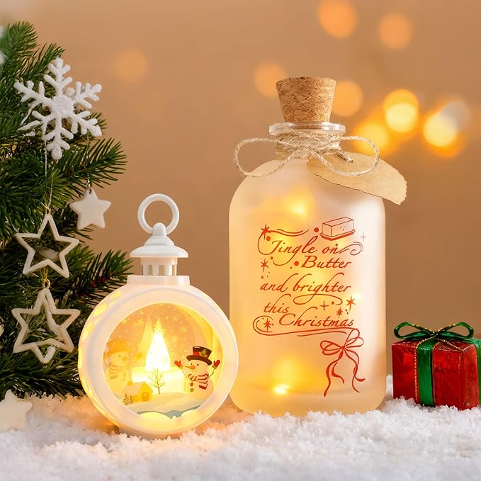 Christmas Night Light, 17.5oz Mason Jar Lantern with LED Light Ornament, 2-in-1 Christmas Decorations for Home, Birthday Gift for Women and Friend, Festive Home Decor