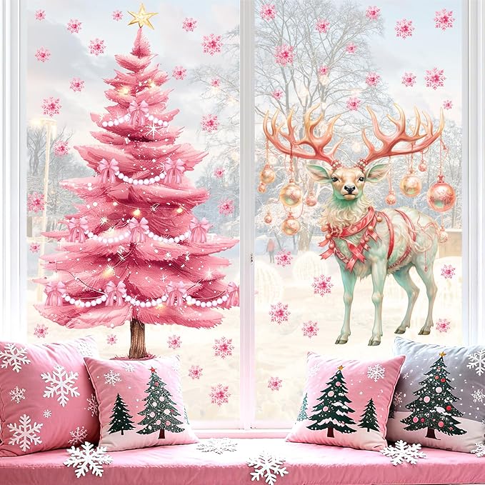 Pink Christmas Window Clings Large Christmas Pine Tree Decoration Decals for Glass Double-Sided Snowflake Elk Stickers Removable Xmas Reindeer Static Decal for Winter Holiday Party Home Indoor Decor