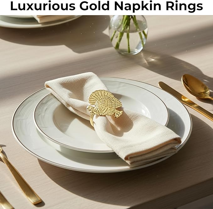 ALPHA Living HOME Turkey Napkin Rings Set of 12 for Thanksgiving Table Decor | Premium Metal Dinnerware Holders | Fall Harvest, Christmas & Holiday Banquet Accessories (Gold)
