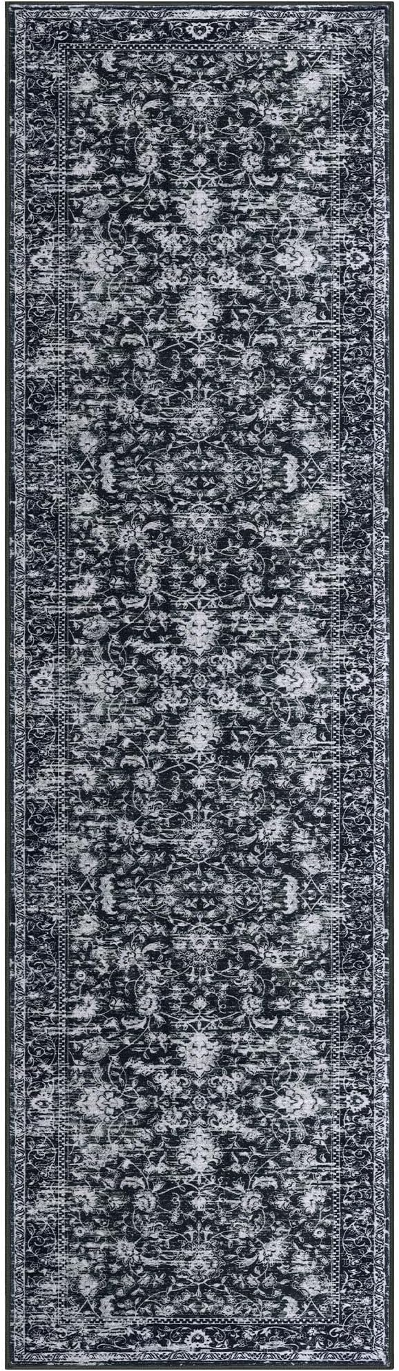 KILOCOCO Hallway Runner 2x8 Rug Runner Printed Vintage Floral Washable Kitchen Runners Non-slip Rubber Backed Runners for Hallways Distressed Thin Soft Rugs for Entryway Laundry Room, Black/Navy/White