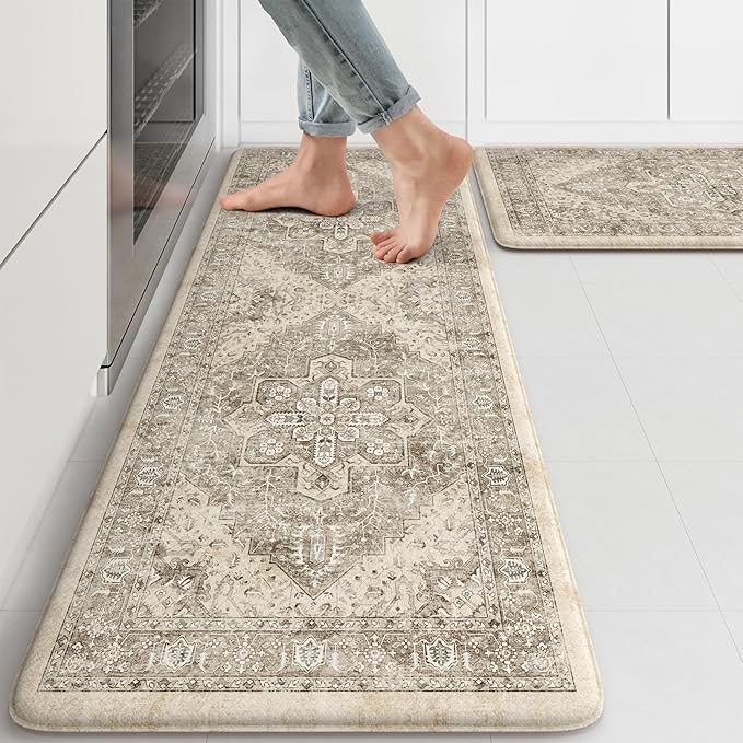 KIMODE Anti Fatigue Kitchen Mats 2 PCS 17"x47"+17"x29.5", Boho Kitchen Rugs and Mats, Non Slip Cushioned Kitchen Mats for Floor, Waterproof Kitchen Floor Mats for Laundry, Office, Sink, Khaki