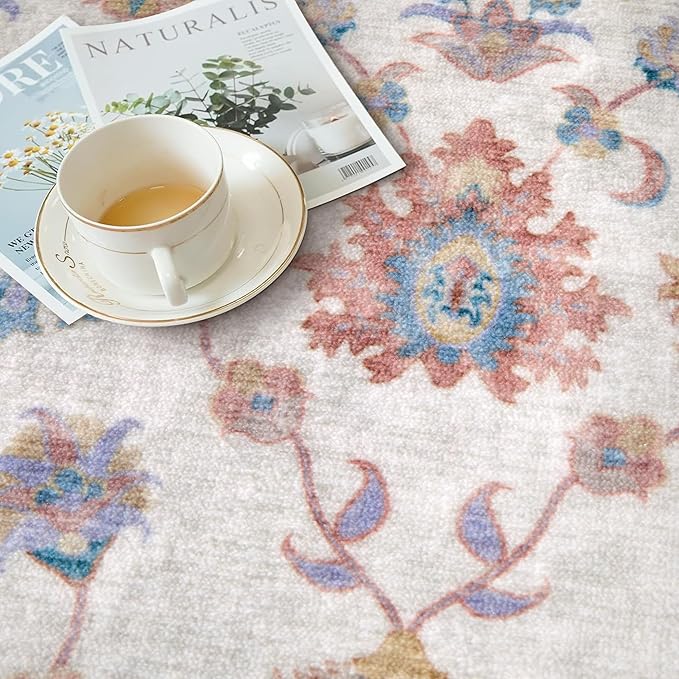 Tangsoo Washable Area Rug, 4x6 Pottery Barn Neutral Floral Rugs for Bedroom Living Room, Vintage Boho Non Slip Low Pile Beige Carpet for Farmhouse Nursery Office Laundry, Pet & Child Friendly