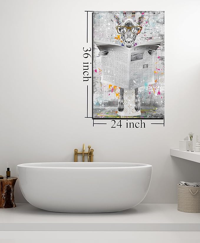 GUGIKA Giraffe Wall Art for Bathroom, Funny Graffiti Animal Picture Aesthetic for Bedroom, Black and White Wall Decor for Living Room, Big Restroom Decor, 24x36 Inch
