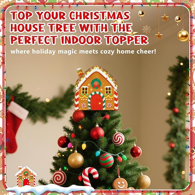 Gingerbread House Christmas Tree Topper, Plush Stuffed Velvet House Tree Top with Snowflake Accent Xmas Party Decoration for Home Kitchen, Gingerbread Theme Gift for Baking Lovers Holiday Decor