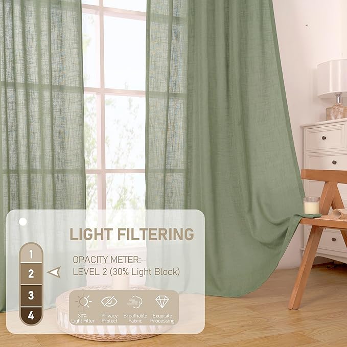 LAMIT Sage Green 80 inch Linen Curtains for Living Room 2 Panels, Linen Textured Light Filtering Semi Sheer Back Tab and Rod Pocket Window Curtain Panels for Bedroom/Farmhouse, 52 x 80 Inch