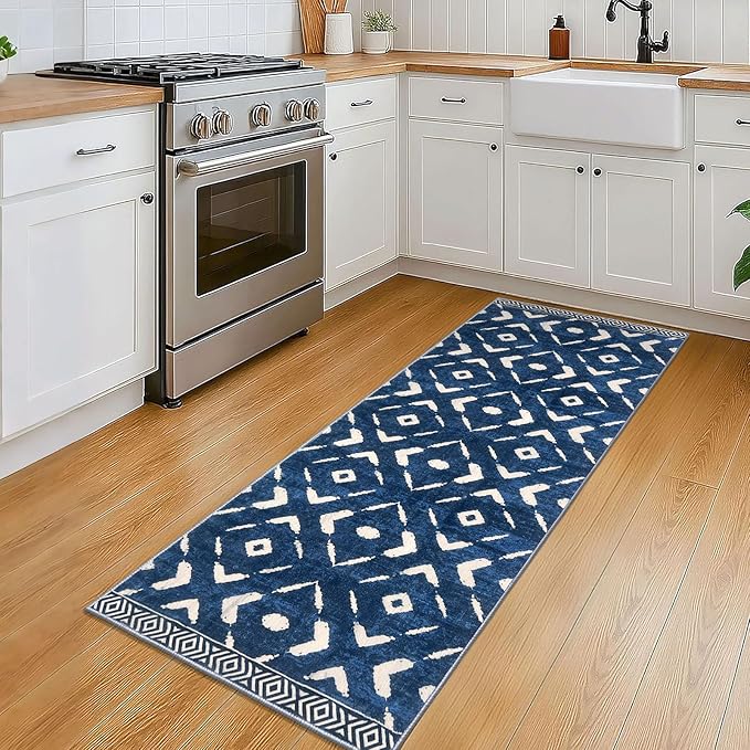 KILOCOCO Kitchen Runner Rug Washable Runner Rug Soft Hallway Runners Non Slip Printed Distressed Laundry Room Rugs, Low-Pile Runners for Entryway/Bedroom/Kitchen/Living Room, 2x5 Blue